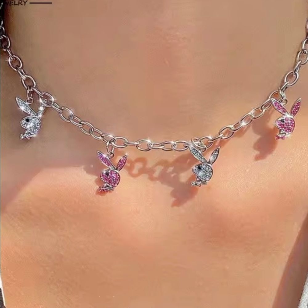 Rhinestone Playboy Bunny Silver & Pink Necklace